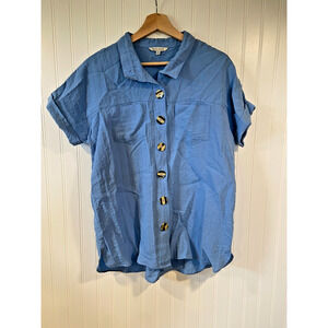 John Mark Top Women’s M Blue Relaxed Button Up Minimalist Collared